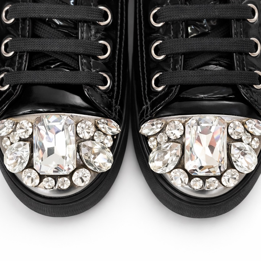 Miu Miu Crystal Toe Patent Leather Sneakers EU 36.5 Black Lace Up Luxury - Picture 5 of 9
